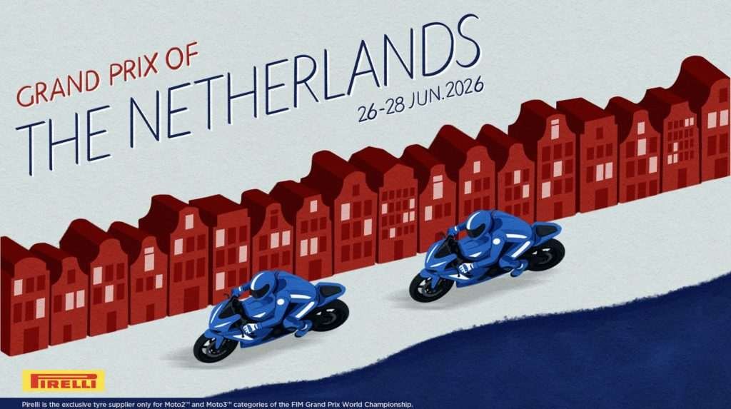Graphic with two riders in blue on blue racing motorcycles in front of a tow of red townhouses depicting the GP of the Netherlands