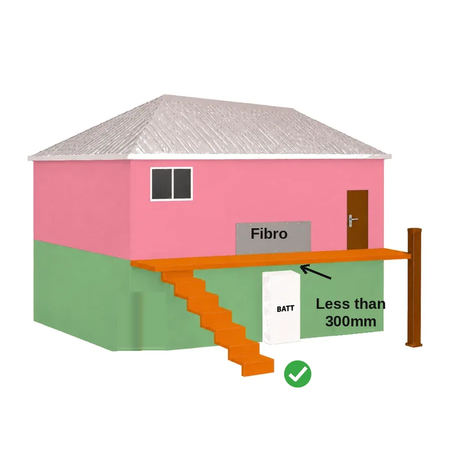 Battery under a verandah with a fibro strip on the habitable wall above