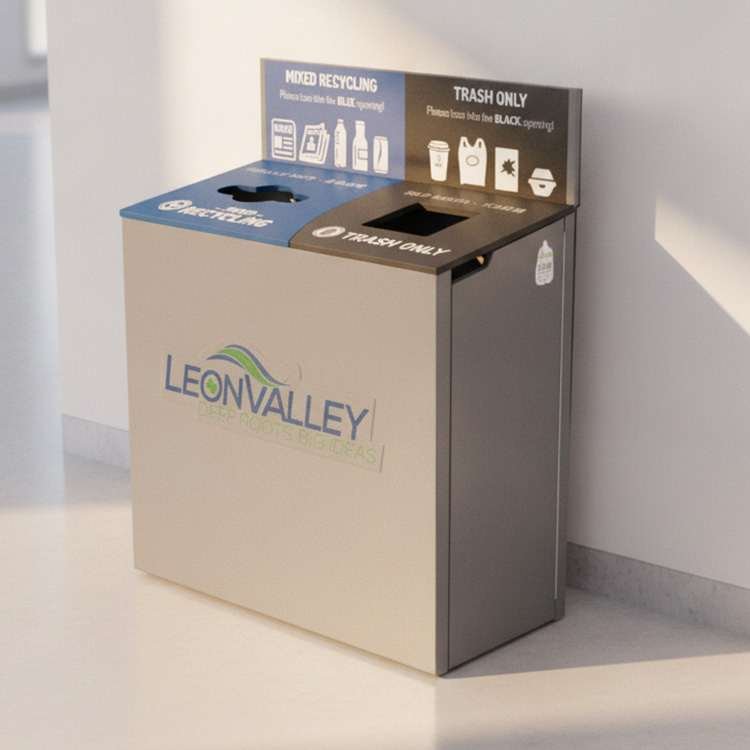 A Leon Valley branded recycling and trash can
