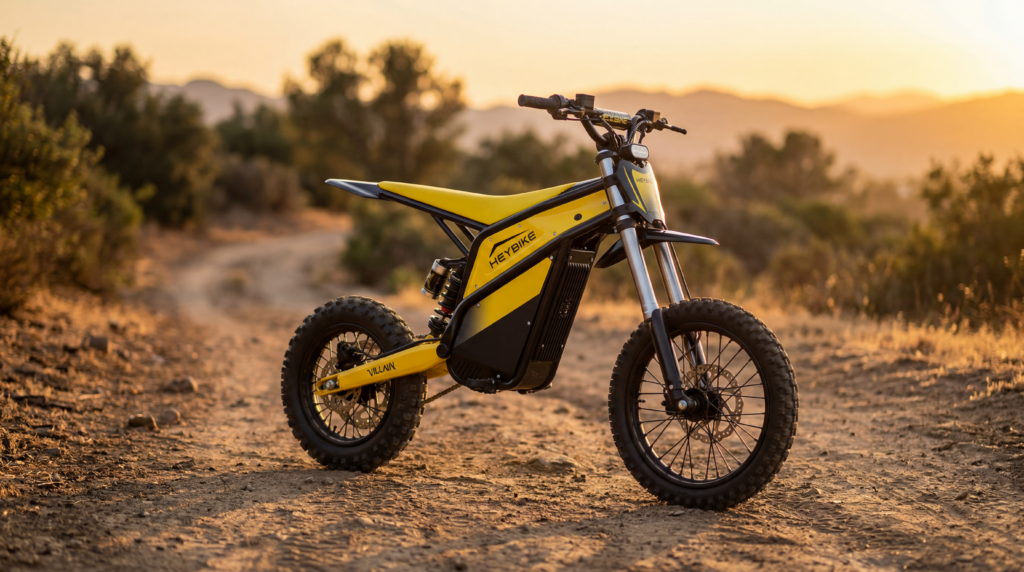 Heybike Villain budget mini eMoto electric dirt bike riding off-road