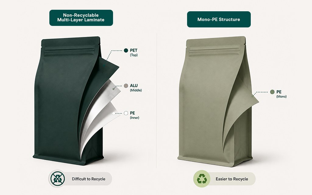 Comparison of non-recyclable PET/ALU/PE multilayer pouch and recyclable mono-PE structure