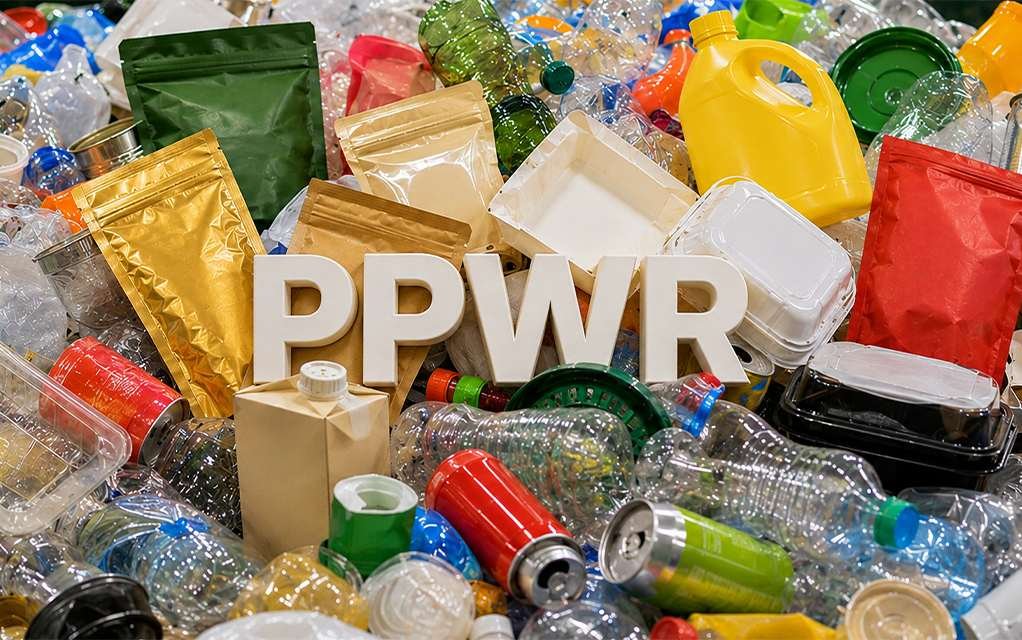 EU PPWR circular packaging regulation concept with recyclable materials