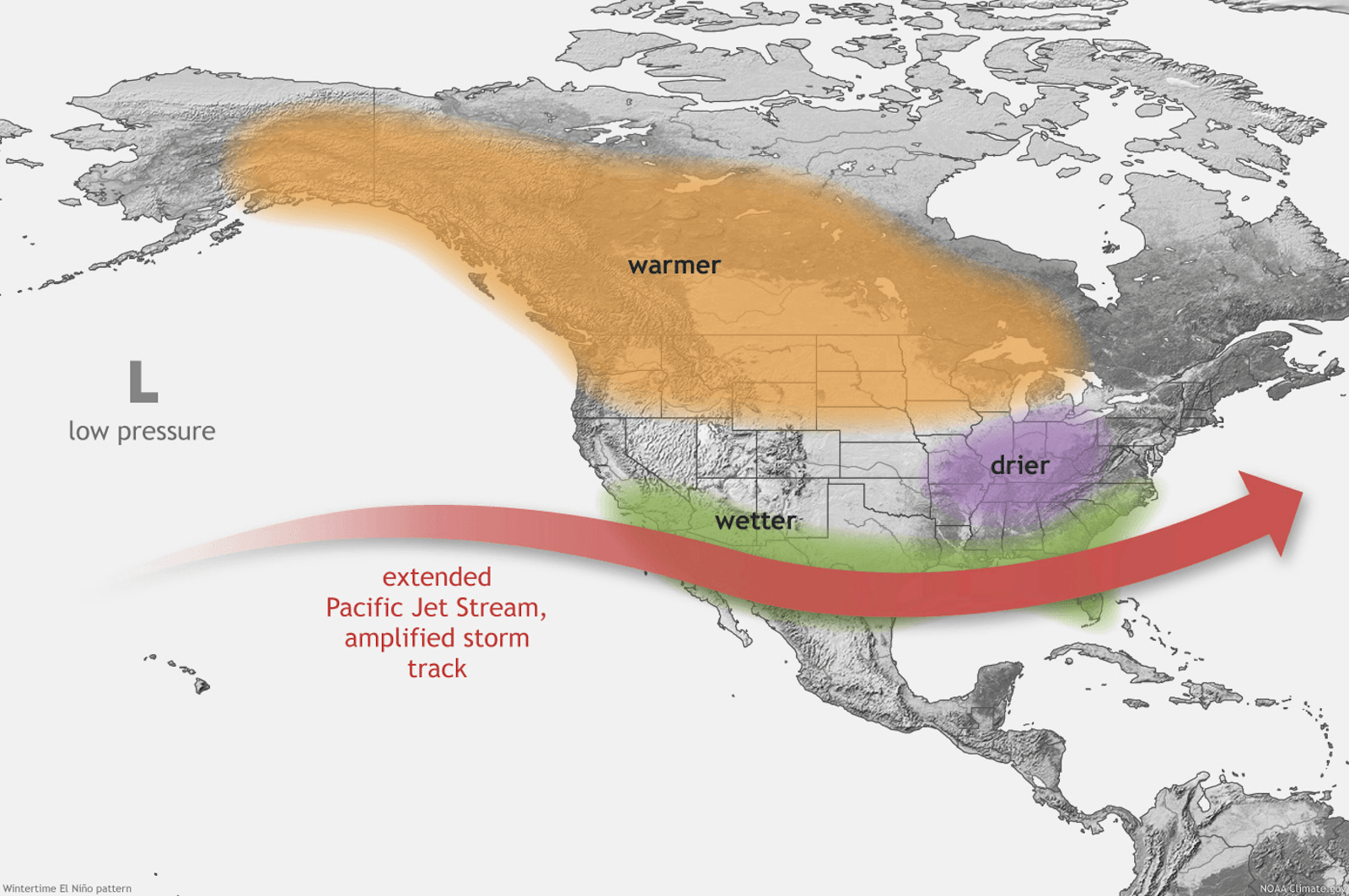 map of the typical impacts of El Niño to the continental U.S. and Canada during Northern Hemisphere winter.