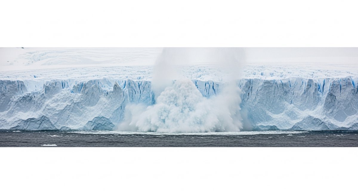 Massive Antarctic glacier calving event with ice collapsing into the ocean triggering accelerating ice flow inland