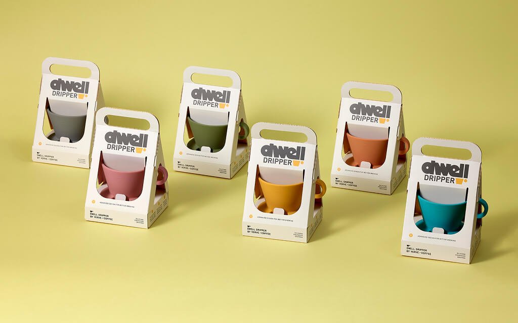 Verve Coffee Dwell Dripper packaging design with 100% BPA-free silicone dripper, highlighting sustainable, travel-friendly features