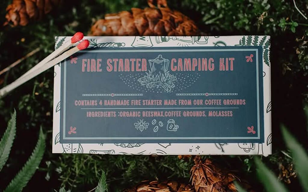 The coffee matchbox holds a bag of our coffee along with a fire starter made from recycled coffee grounds.