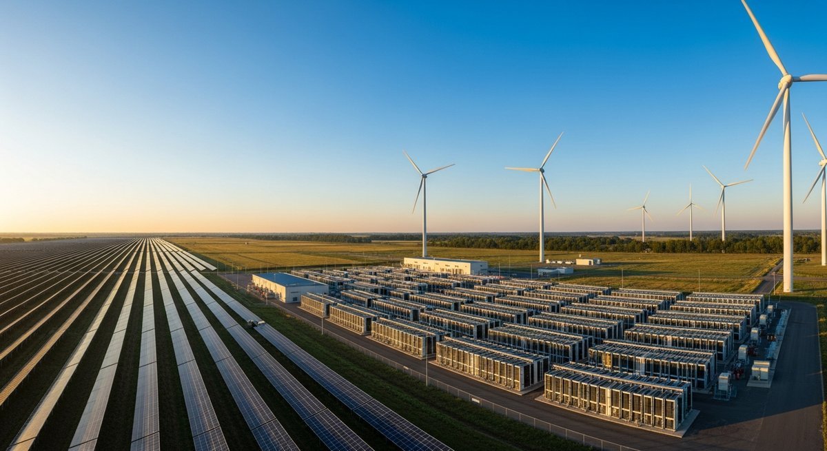 Utility-scale battery storage facility flanked by solar panels and wind turbines under golden hour light, representing the SW