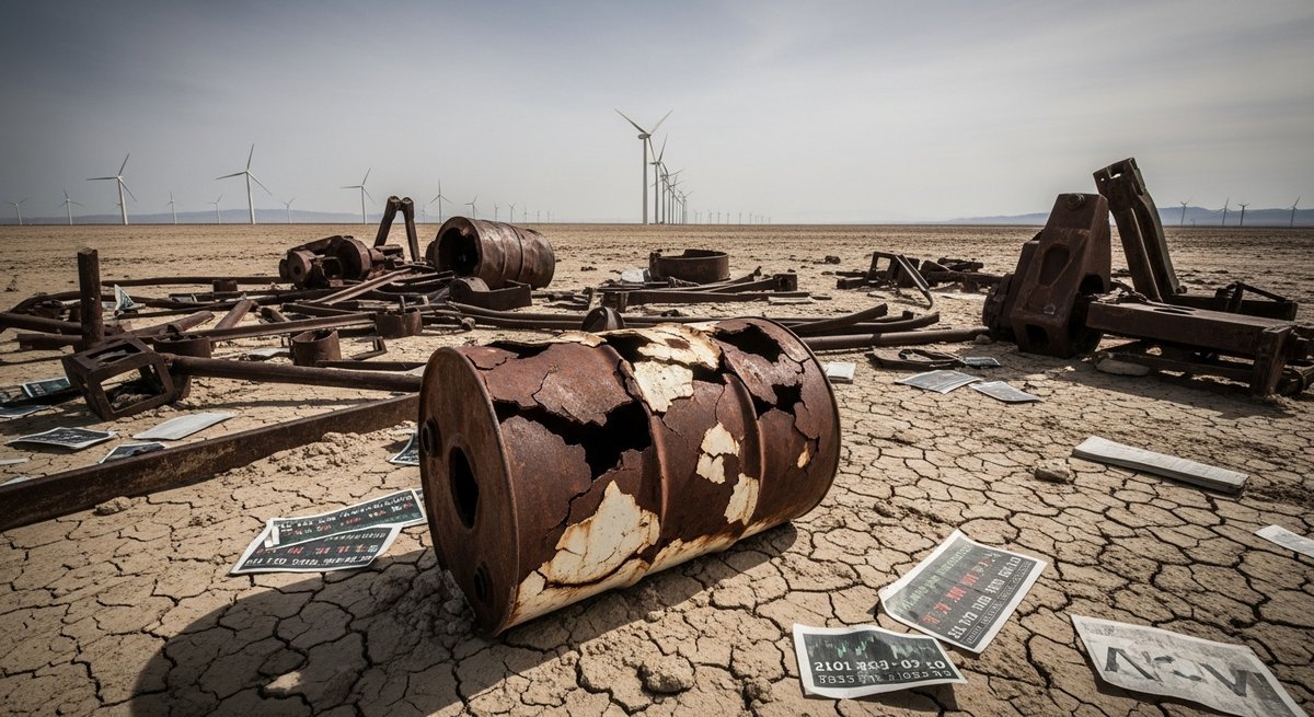 Cracked oil barrel and rusted drilling equipment on dry desert earth with wind turbines on the horizon, symbolizing stranded 