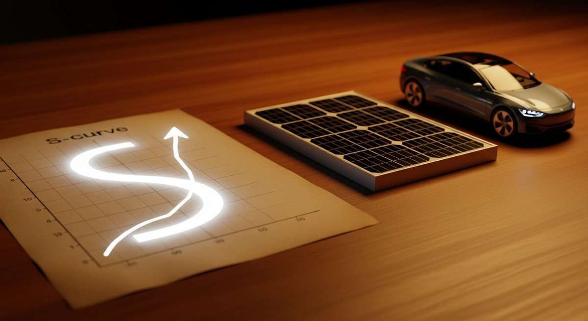S-curve growth chart beside an early solar panel and modern electric vehicle on a desk, representing exponential clean energy