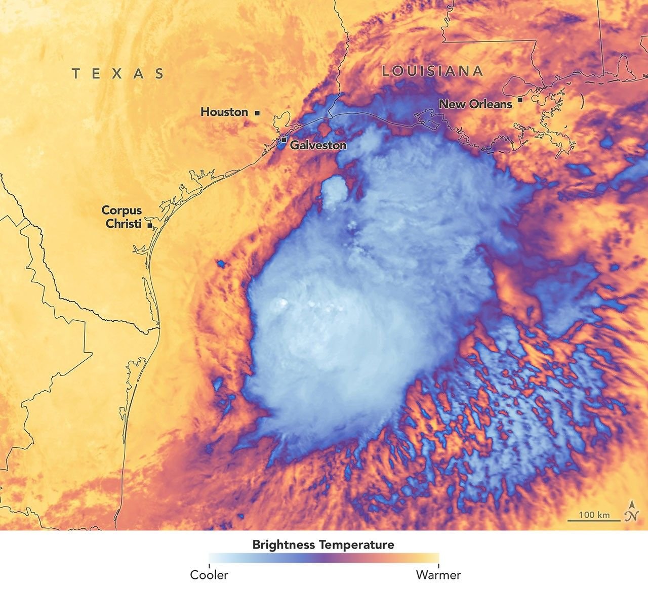 White and purple areas of cloud off the Gulf Coast indicate the cooler areas of cloud tops associated with Tropical Storm Arthur.