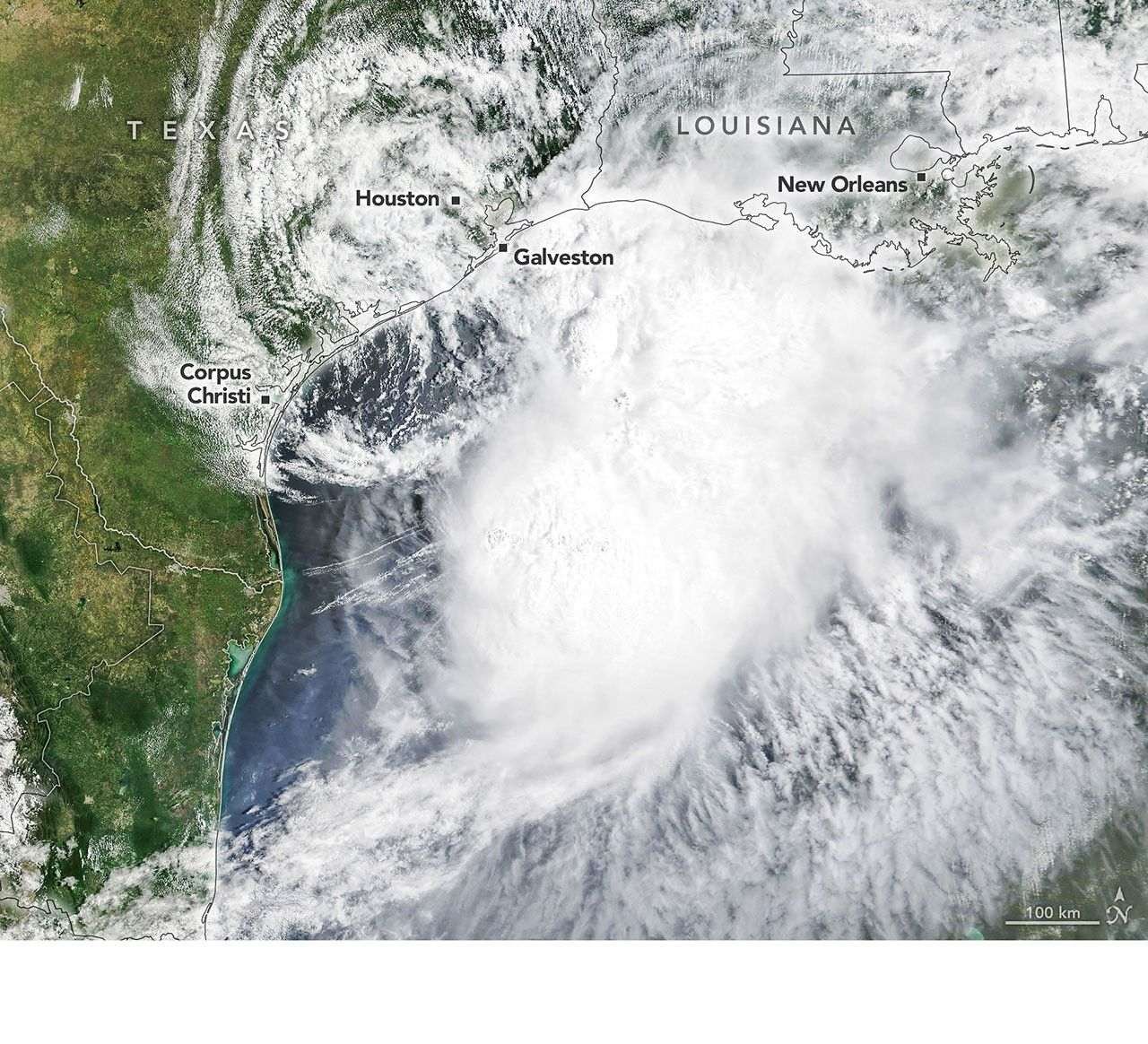 Tropical Storm Arthur’s white storm clouds cover the waters off the U.S. Gulf Coast. Some clouds extend inland over parts of Texas and Louisiana.
