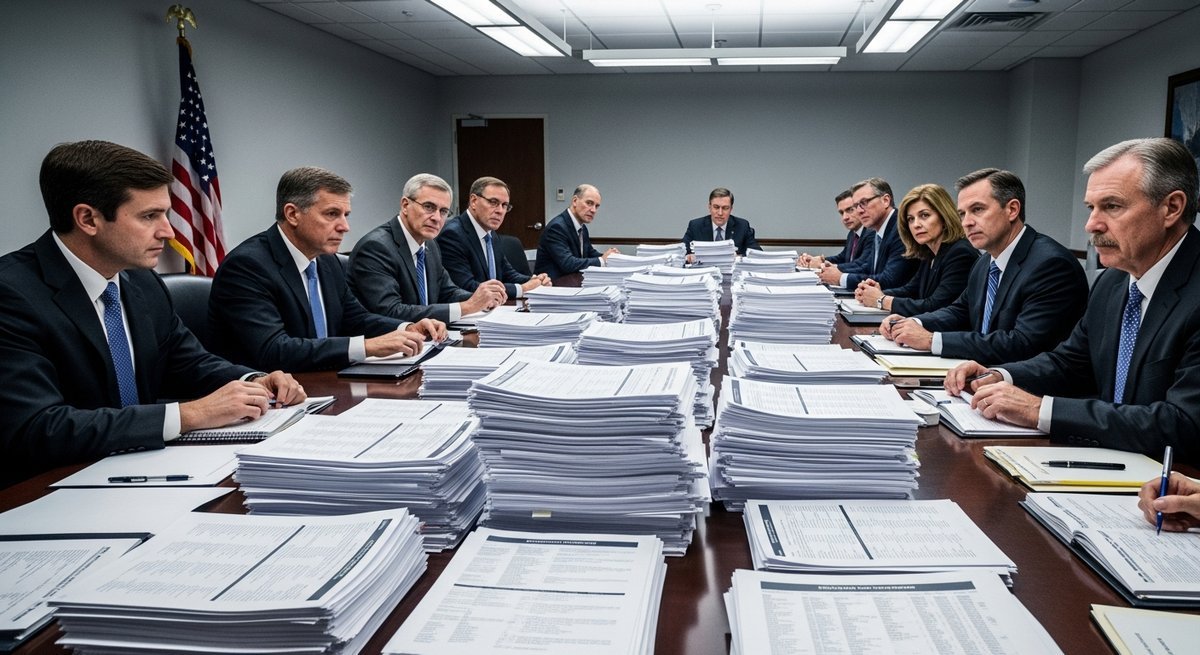 Federal officials in suits reviewing budget cut documents around a government conference table