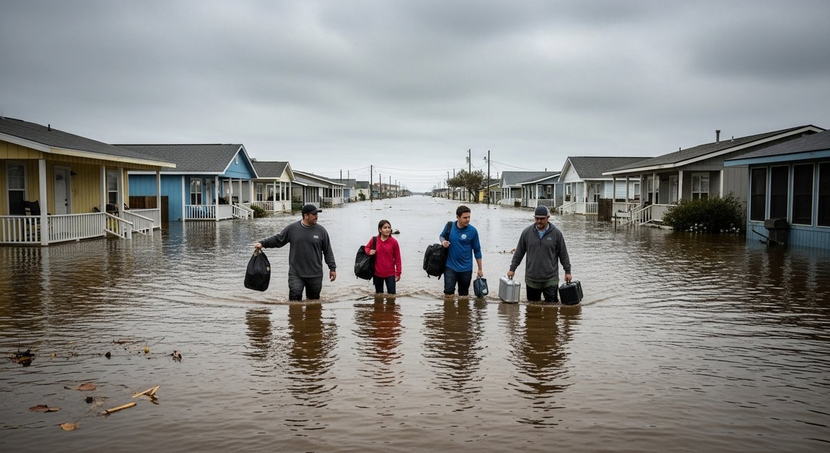 Family wading through floodwaters in a low-lying coastal neighborhood during a flood event