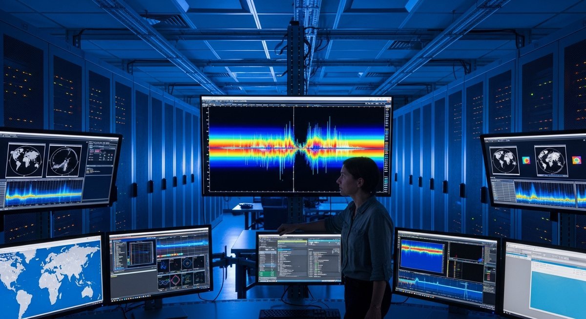 Climate scientist examining ocean temperature data timelines on monitors in a research data center showing data gaps