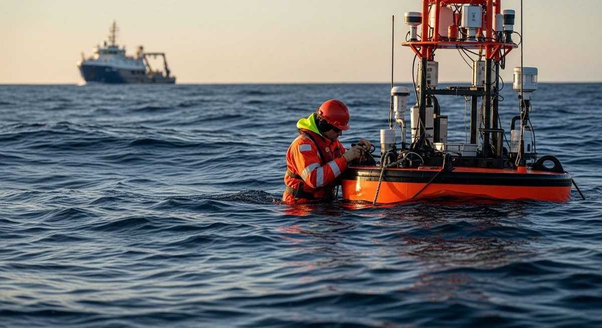 Marine technician inspecting ocean sensor equipment on a NOAA monitoring buoy at sea with research vessel in background