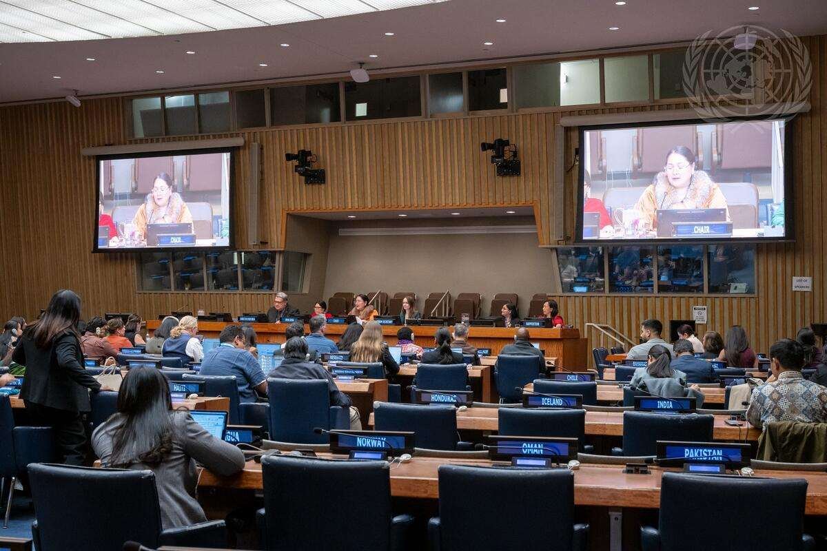 Aluki Kotierk (on screens and third from left at dais), Inuk leader from Canada and former President of Nunavut Tunngavik, chairs the closing meeting of the 25th Session of Permanent Forum on Indigenous Issues on May 1, 2026.