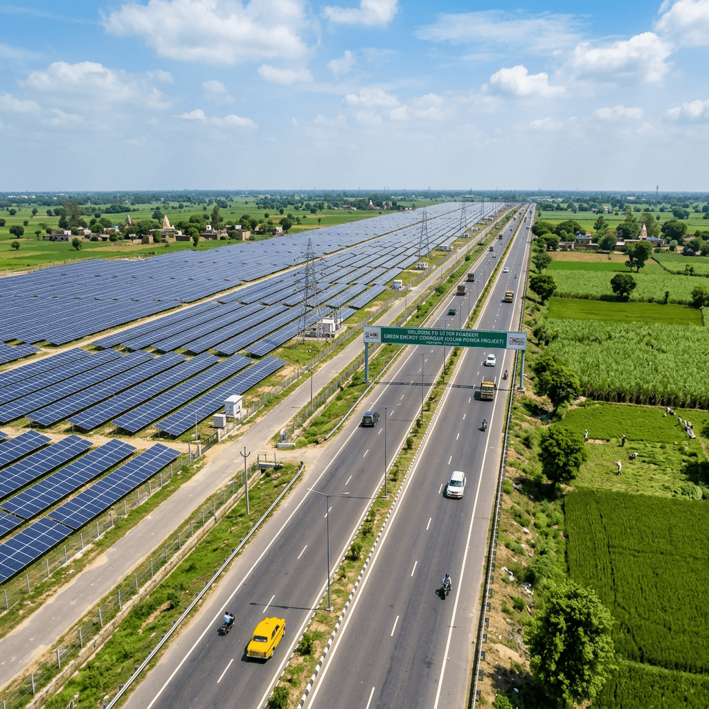 Solar panels array next to a highway with vehicles and green fields