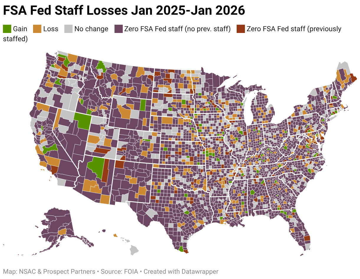 FSA Fed Staff Losses Jan 2025-Jan 2026 (Choropleth map)