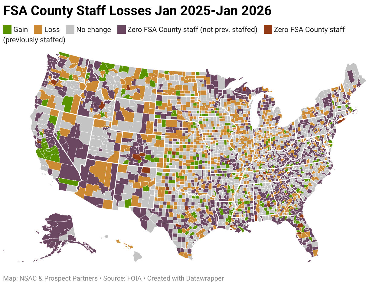 FSA County Staff Losses Jan 2025-Jan 2026 (Choropleth map)