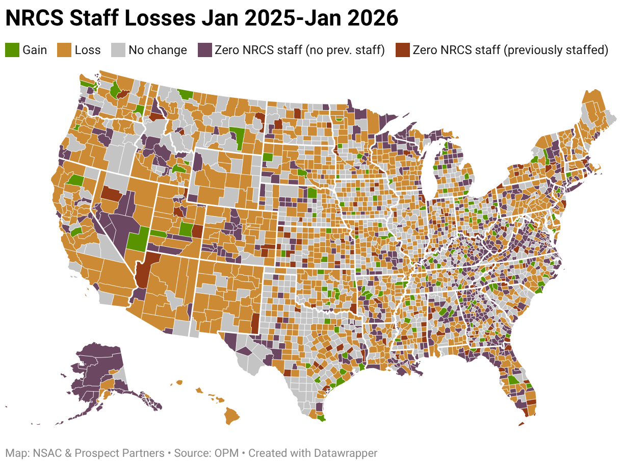 NRCS Staff Losses Jan 2025-Jan 2026 (Choropleth map)