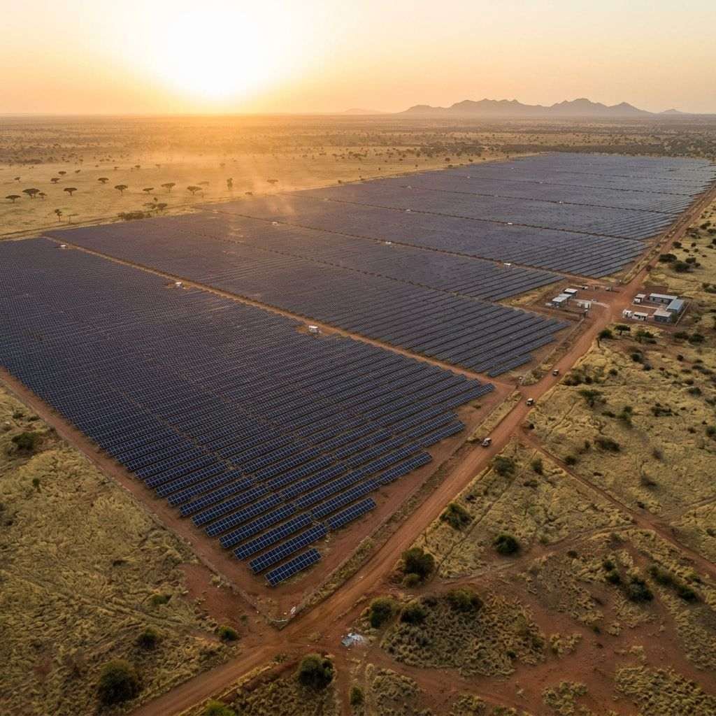 Extensive solar panels installed on flat dry savanna terrain under setting sun with distant mountains
