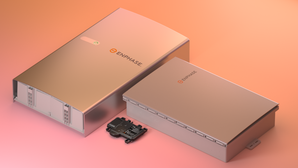 Expressive render showing an Enphase IQ5p battery, Enphase IQ8 micro-inverters and Enphase gateway laying perpendicular with an orange to pink gradient as the background.