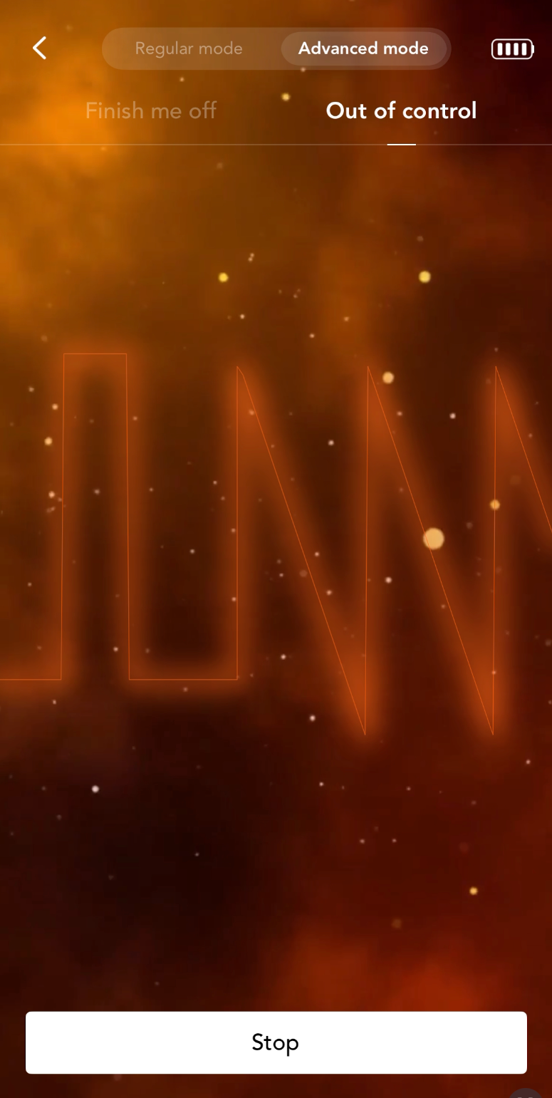 Abstract orange and brown background with scattered light spots, faint orange zigzag line, and interface text reading “Advanced mode,” “Out of control,” and a white “Stop” button at the bottom.