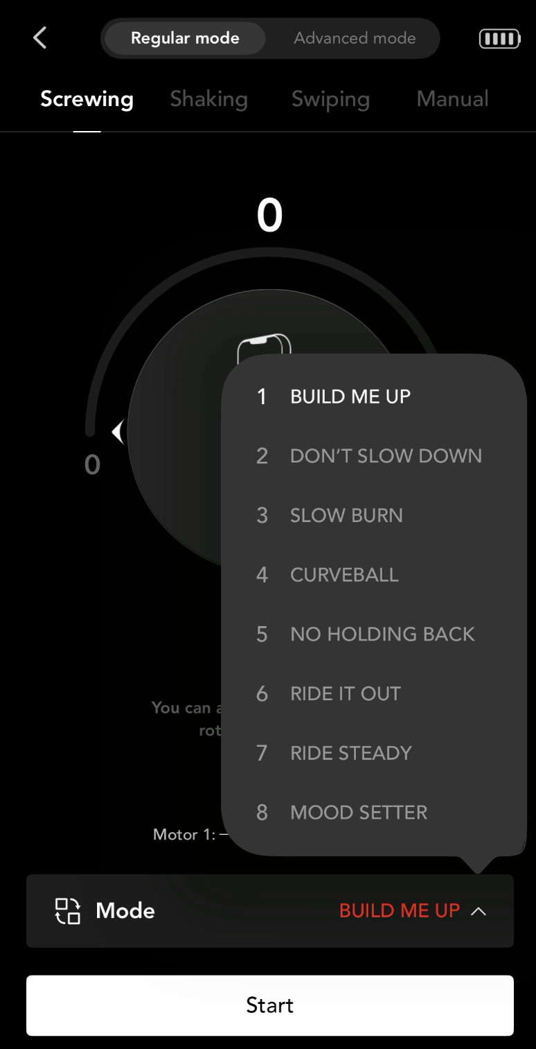 App interface showing a list of selectable modes for a device, with "BUILD ME UP" highlighted. Options include different names and a start button at the bottom.