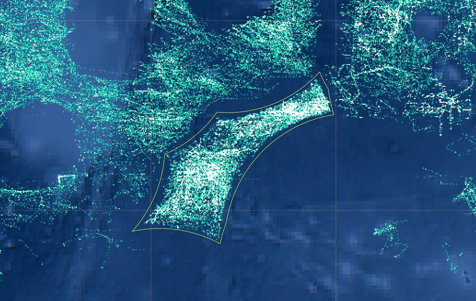 a bunch of green squiggly lines on a map of the ocean. each line represents a fishing vessel. when the lines overlap they become lighter, highlighting pockets of dense fishing activity.