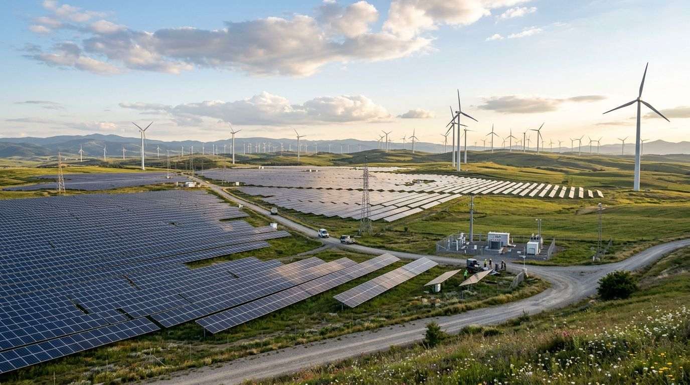 Extensive solar panel arrays and numerous wind turbines spread over hilly green landscape
