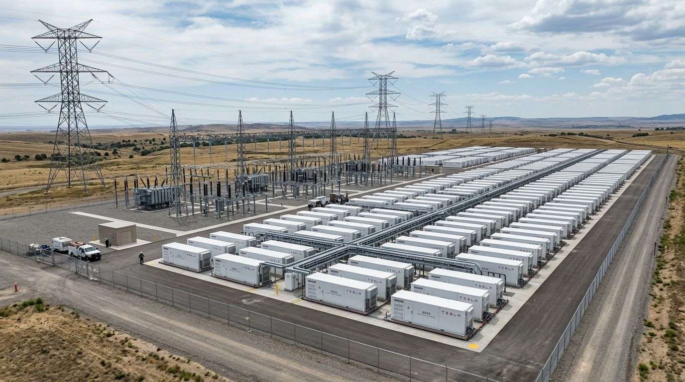 Tesla battery storage containers arranged in rows at an energy storage site with electrical towers and equipment