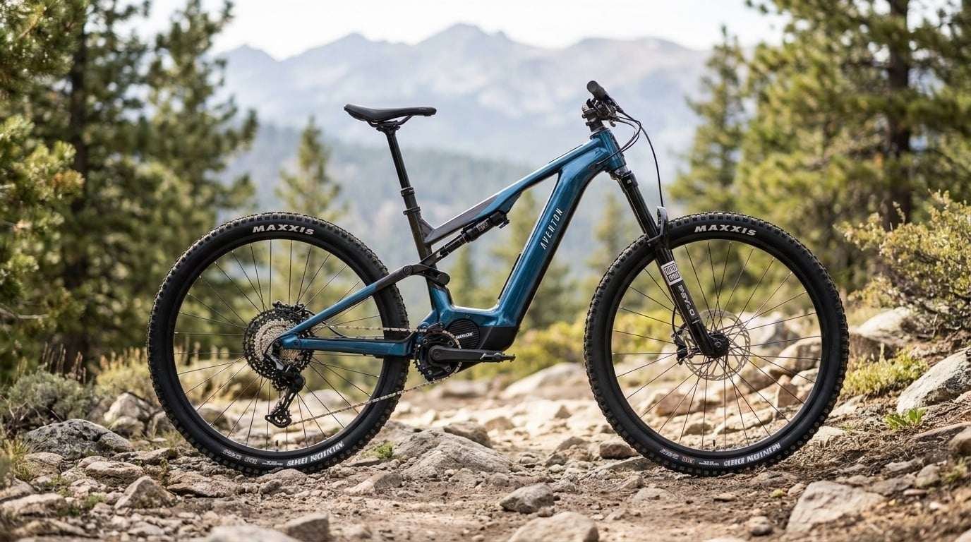 Aventon Current ADV full-suspension electric mountain bike on a dirt trail
