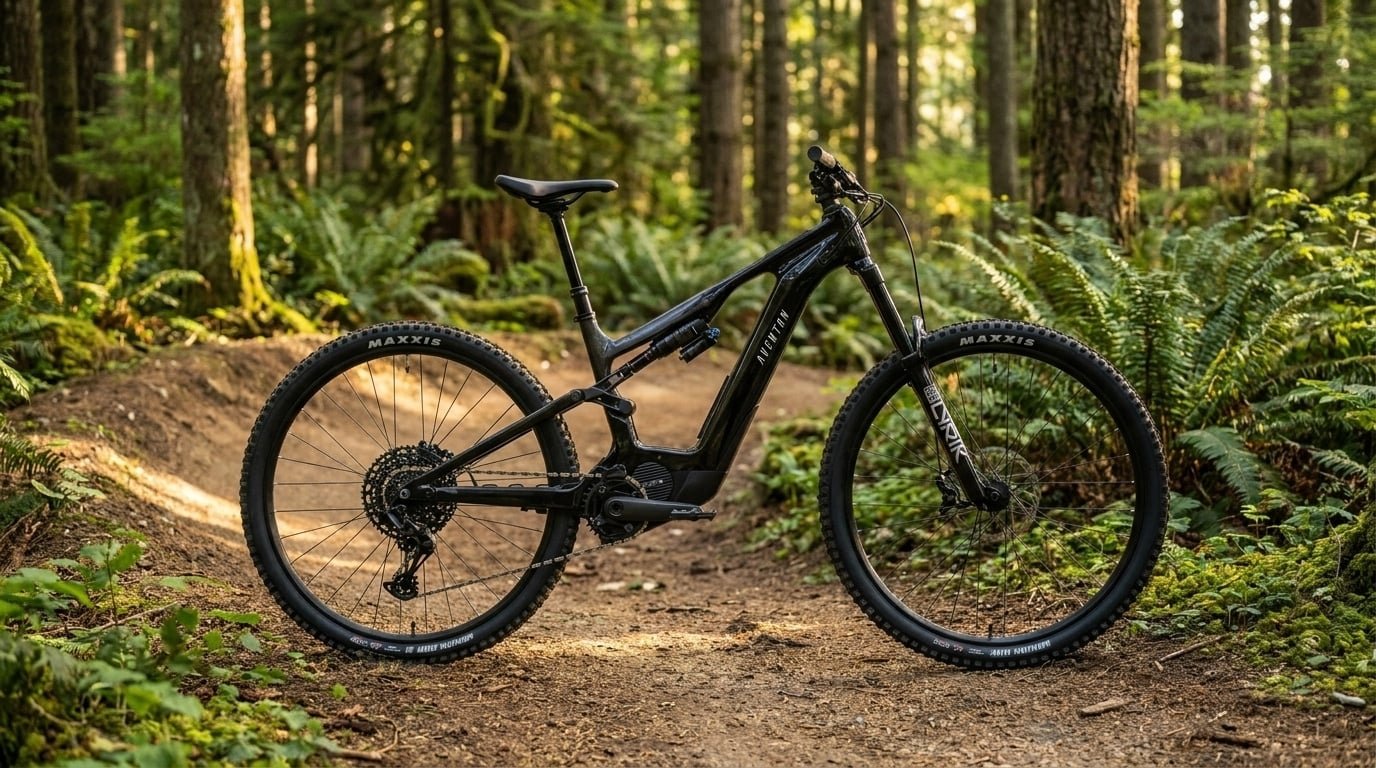 Aventon Current EXP First Look 14 Aventon Current EXP carbon front triangle and RockShox Lyrik fork detail