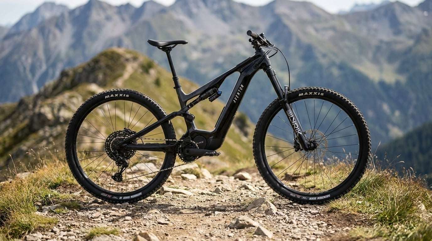 Aventon Current EXP First Look 13 Aventon Current EXP carbon full-suspension electric mountain bike on a rocky singletrack trail