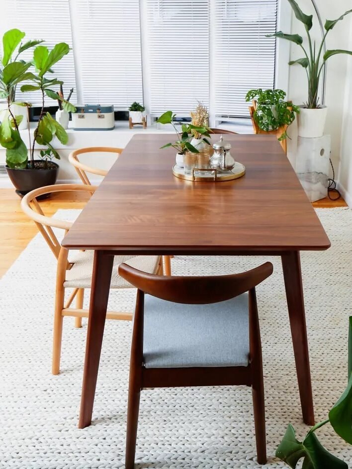 A wooden dining table with four chairs sits on a light woven rug, surrounded by potted plants and bright abstract artwork on a wall.