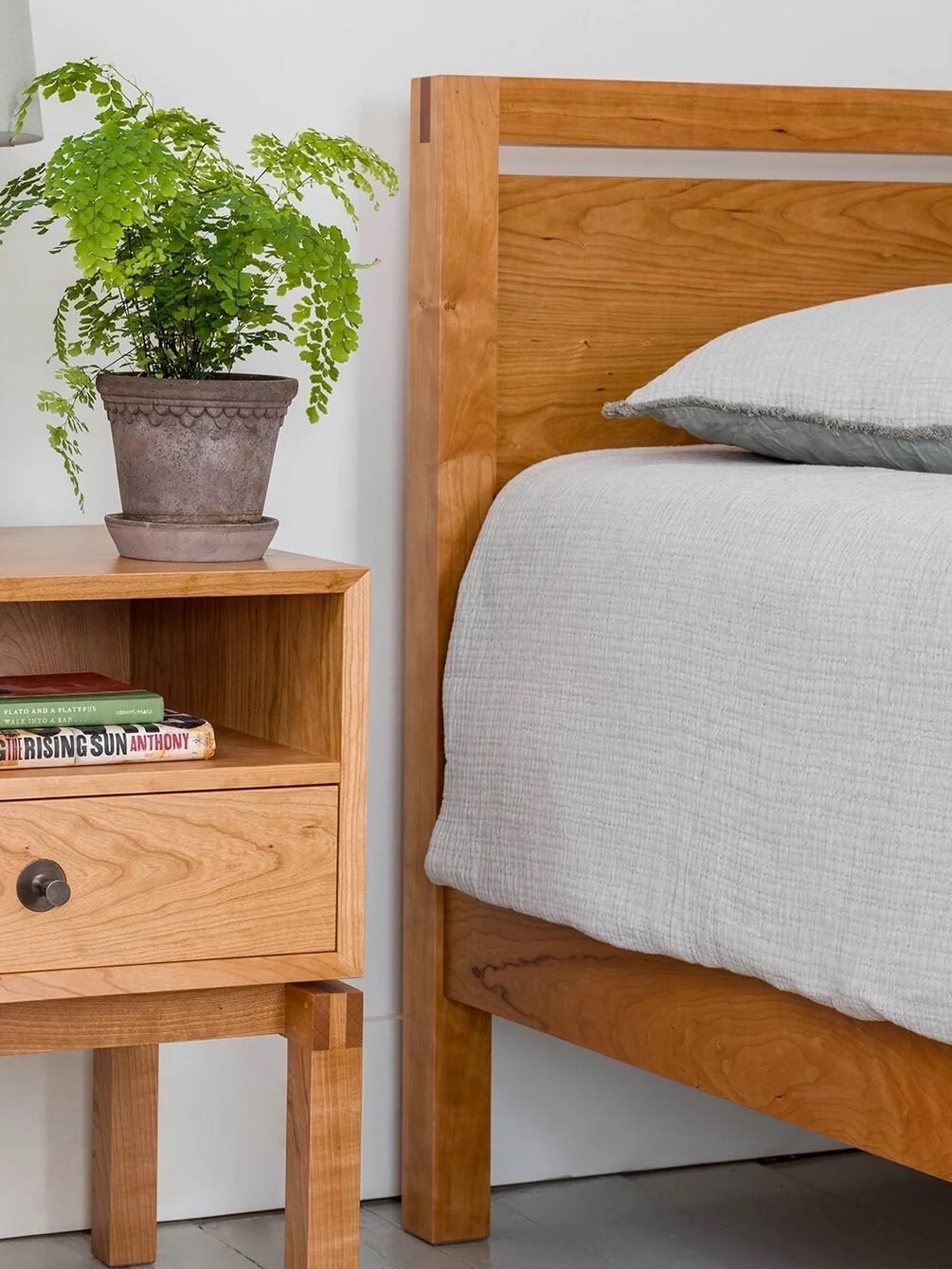 A wooden nightstand with books, a potted plant, and a lamp beside a bed with gray bedding and a knit blanket.