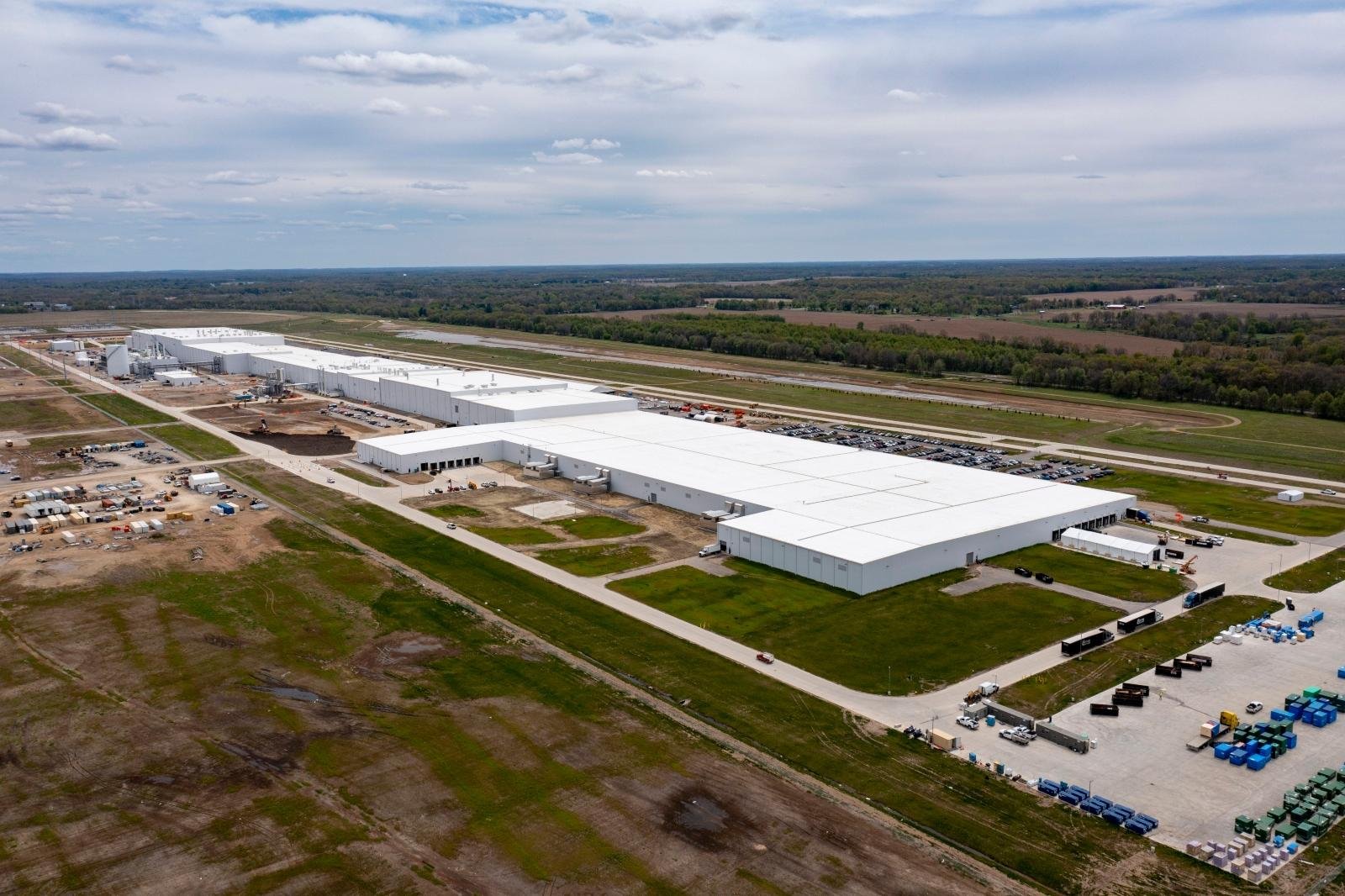 An aerial view of a Ford BlueOval Battery Park under construction in Marshall, Michigan. The plant was built to produce lithium ion batteries for electric vehicles.