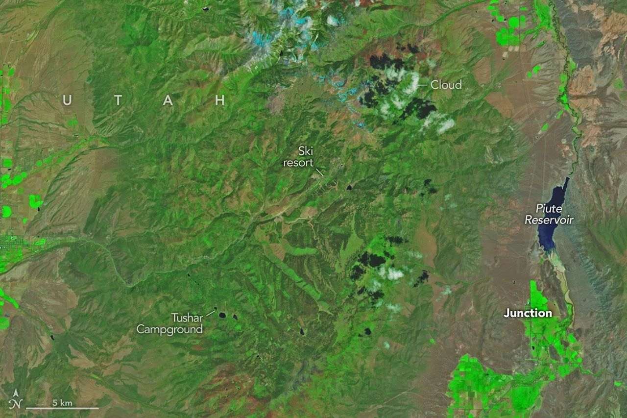 Mountainous landscapes appear green and untouched by fire in a satellite image acquired on June 5, 2026.