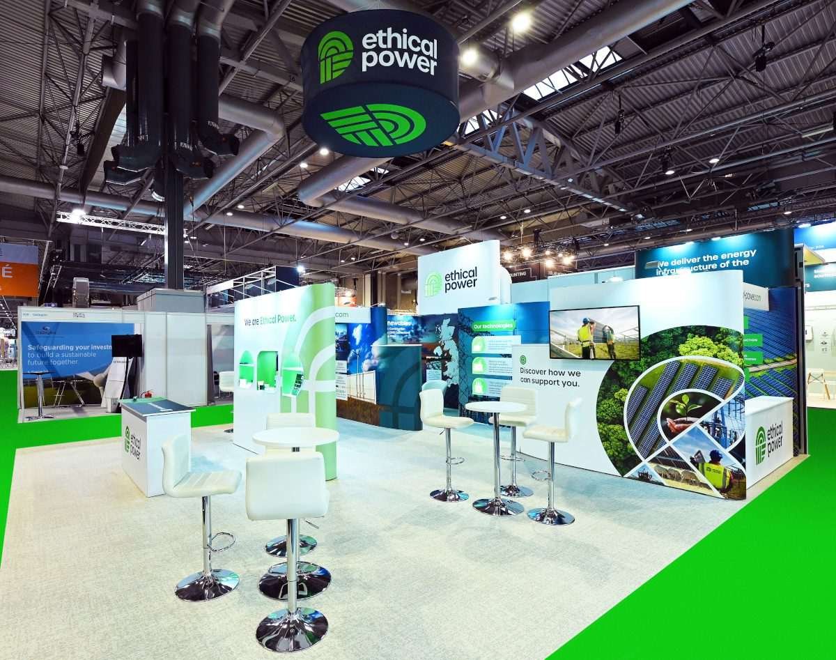 Exhibition stand for Ethical Power at a trade show, displaying information on renewable energy infrastructure, solar power and sustainability services