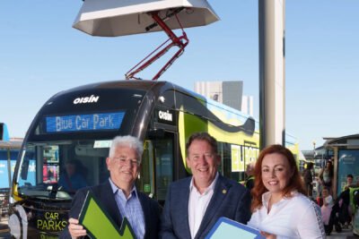 Dublin airport ev charger pic pantograph with minister o brien vincent harrison and andrea carroll