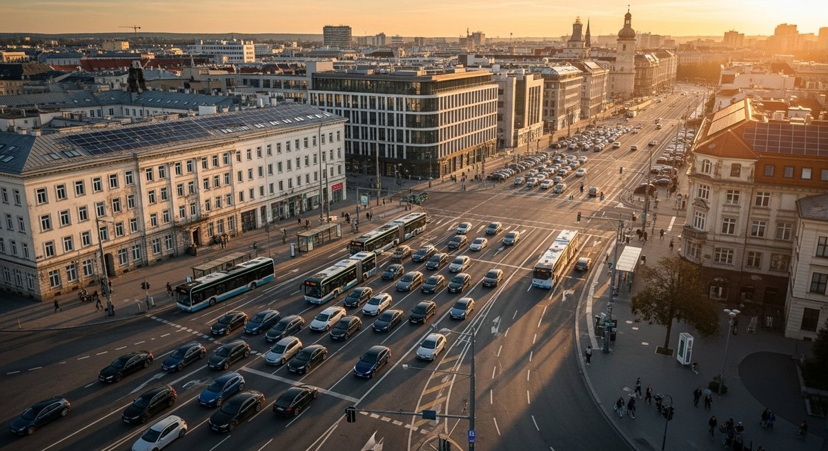 Aerial view of a European city intersection filled with electric vehicles and buses representing continent-wide EV growth