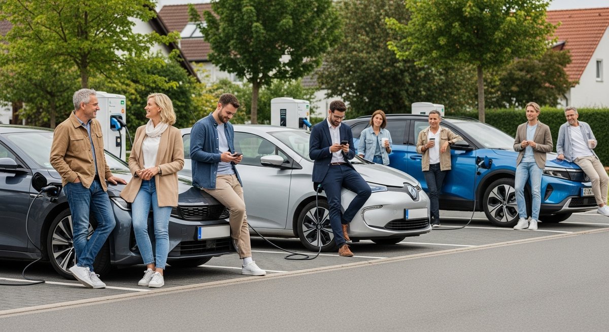 Diverse group of everyday German people with their electric cars in a suburban neighborhood, showing EVs as a mainstream choi