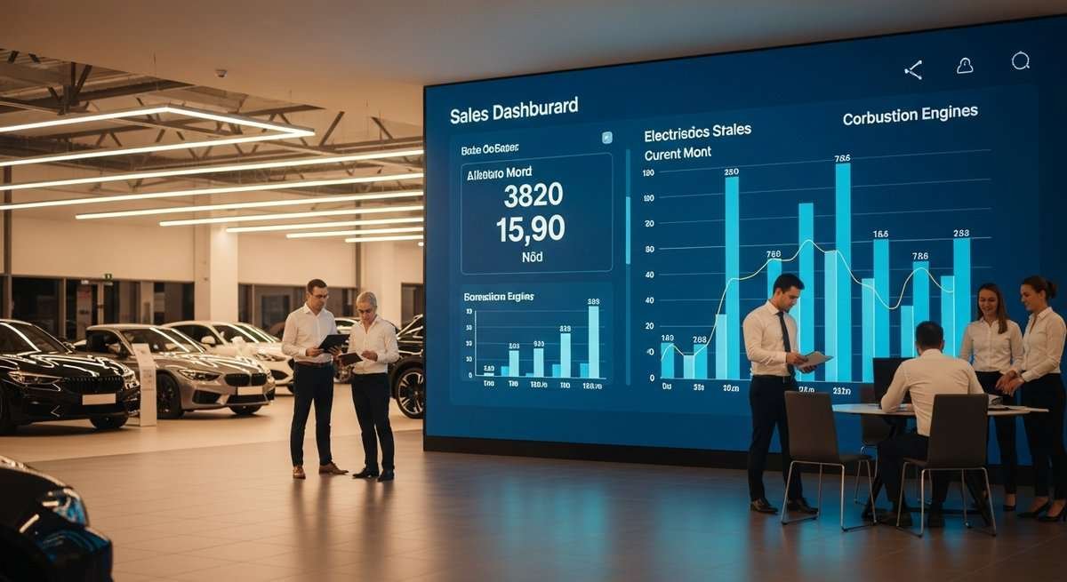 Automotive dealership showroom with a sales data screen showing electric vehicles surpassing combustion engine car sales