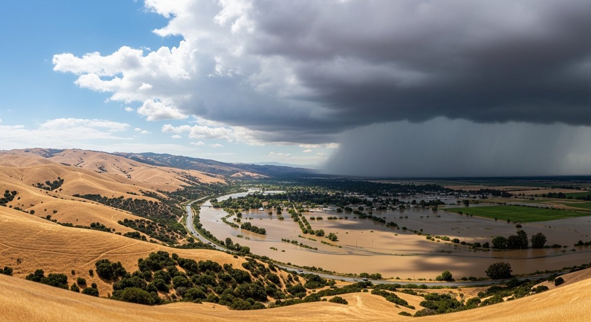California valley showing drought-dried hillsides beside flooded roads, illustrating extreme precipitation whiplash
