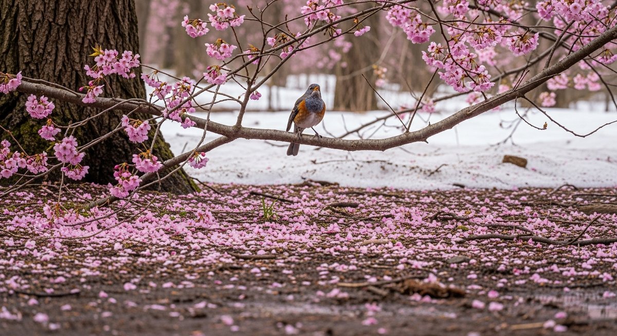 Cherry blossoms blooming early over a snow-dusted forest floor with a migratory bird perched on a bare branch