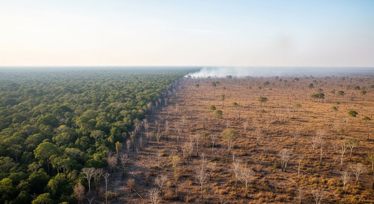Aerial view of the Amazon rainforest edge transitioning into dry savanna with burned trees and haze at the boundary