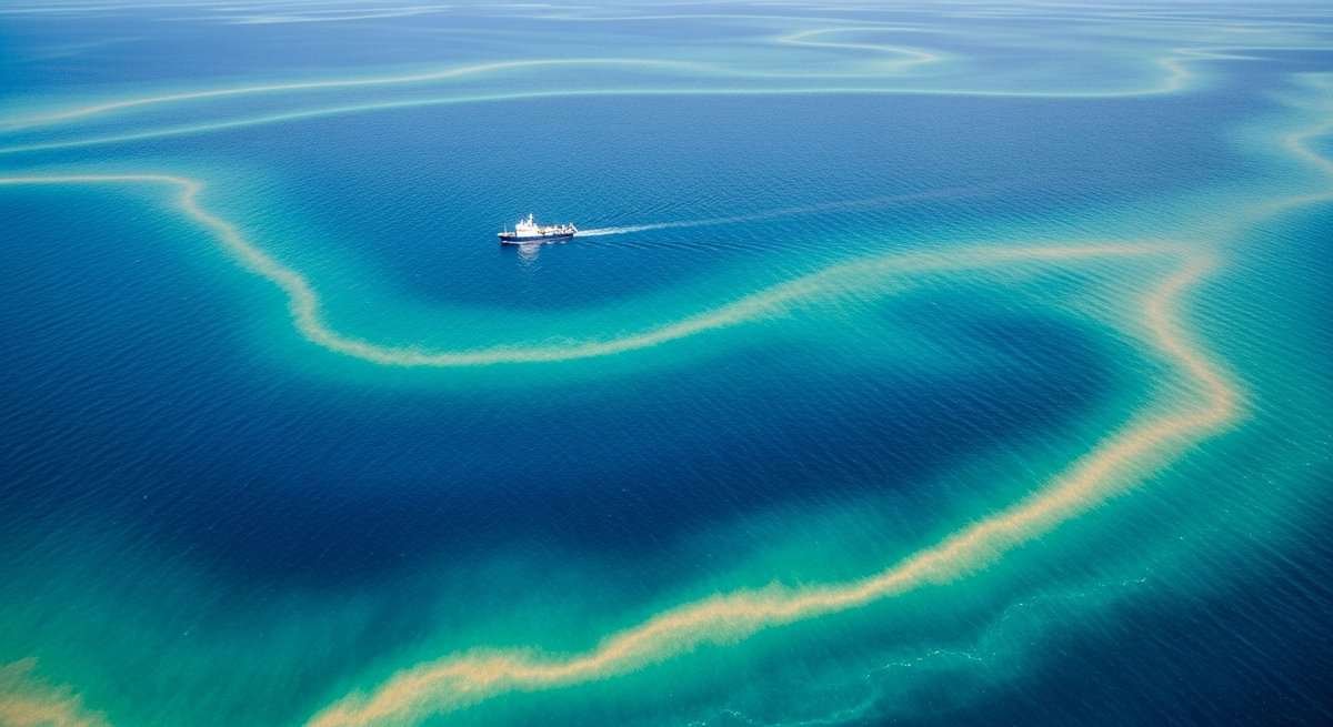 Aerial view of abnormally warm ocean surface with discolored water patches and a research vessel in the distance