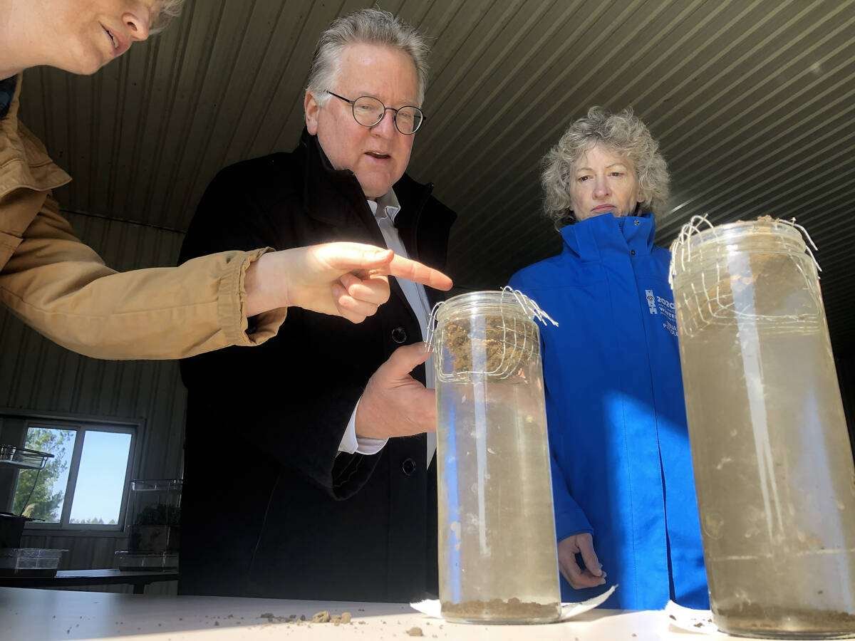 Under the direction of Heather White, Soils at Guelph, far left, Ontario Senator Rob Black, centre, and Yukon Senator Pat Duncan, right, compare the integrity of two soil samples gently laid mesh baskets to see which will hold their form and which will crumble in long tubes of still water. Photo: Diana Martin