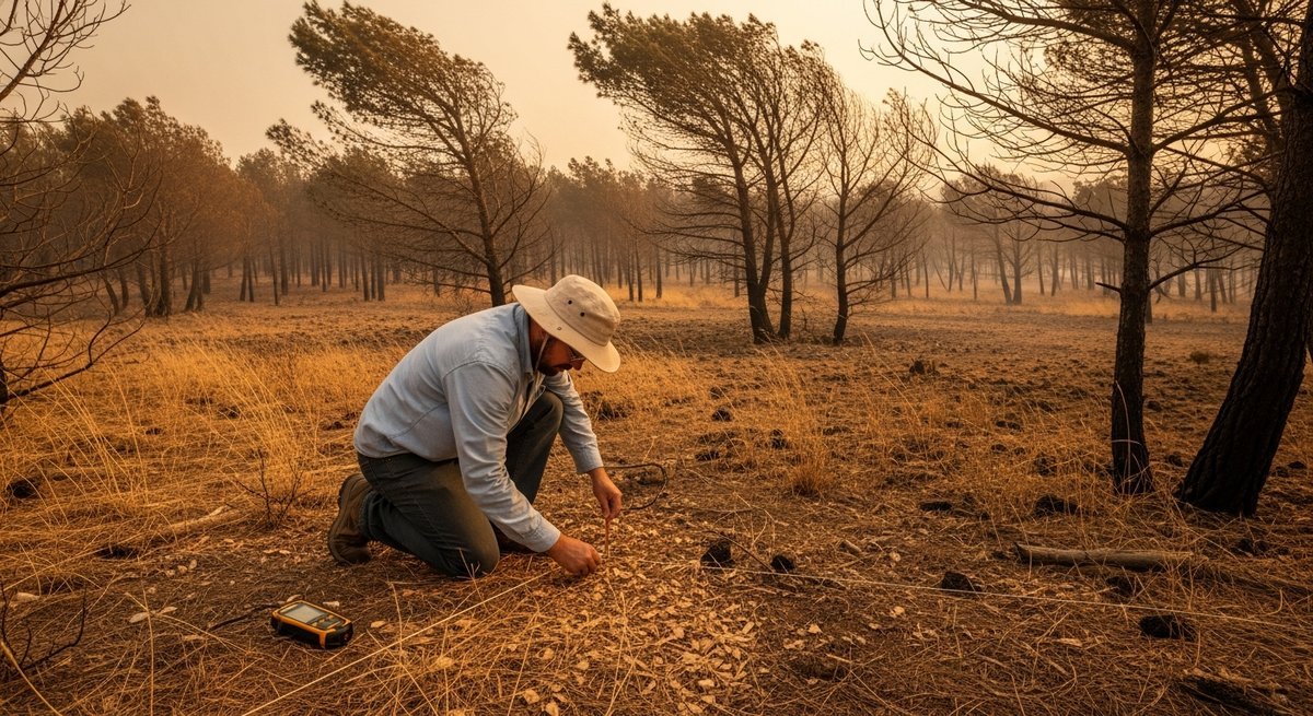 Climate scientist measuring dry vegetation and fuel moisture in a drought-stressed Mediterranean pine forest