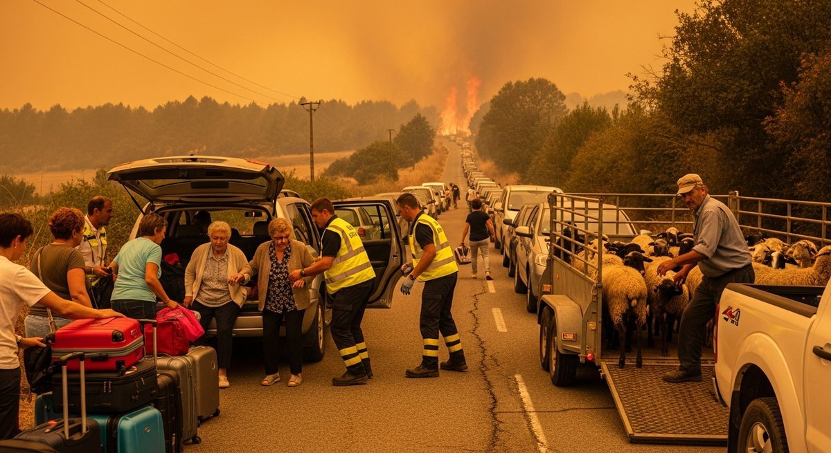 Chaotic wildfire evacuation on French rural road with elderly residents, tourists and farmers fleeing approaching flames